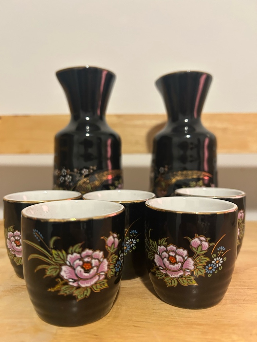 Black Floral Ceramic Sake Set - 2 Vases + 5 Cups